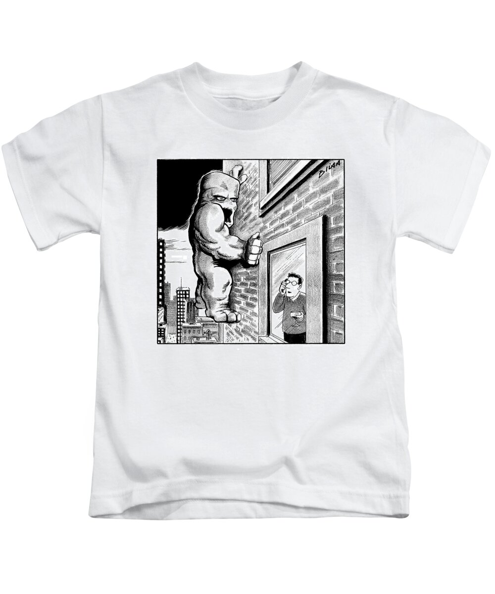 Caption Contest Tk Kids T-Shirt featuring the drawing Man On Cell Phone Sees Monster On Side by Harry Bliss