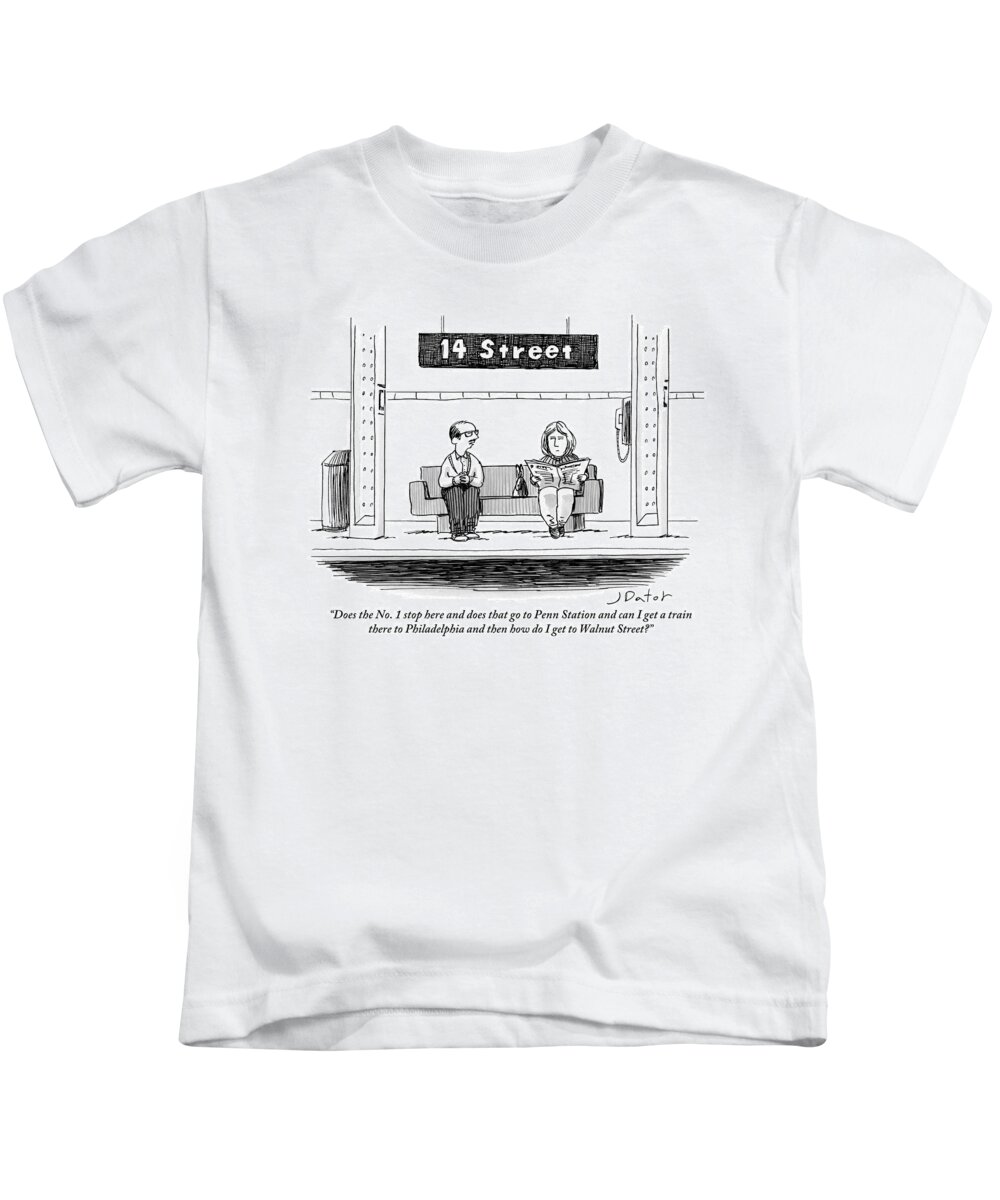 Does The No. 1 Stop Here And Does That Go To Penn Station And Can I Get A Train There To Philadelphia And Then How Do I Get To Walnut Street? Kids T-Shirt featuring the drawing Man Pestering A Woman Who Is Sitting Next by Joe Dator