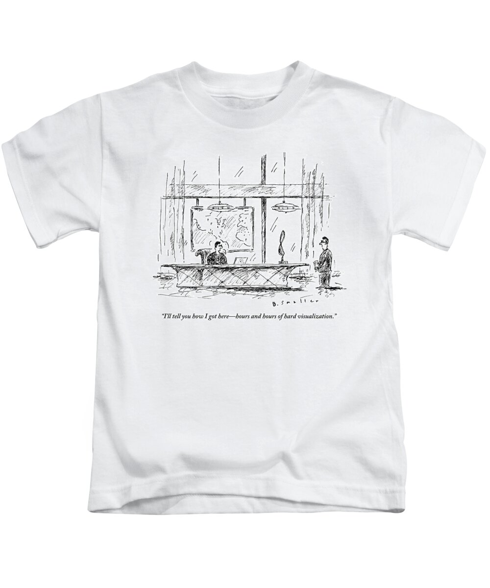 Executives Kids T-Shirt featuring the drawing Man Sitting Behind Gigantic Desk Speaks by Barbara Smaller