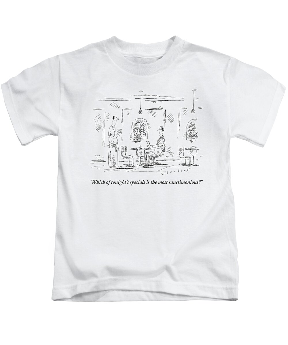 Restaurant Kids T-Shirt featuring the drawing Man Speaks To A Waiter At A Restaurant by Barbara Smaller