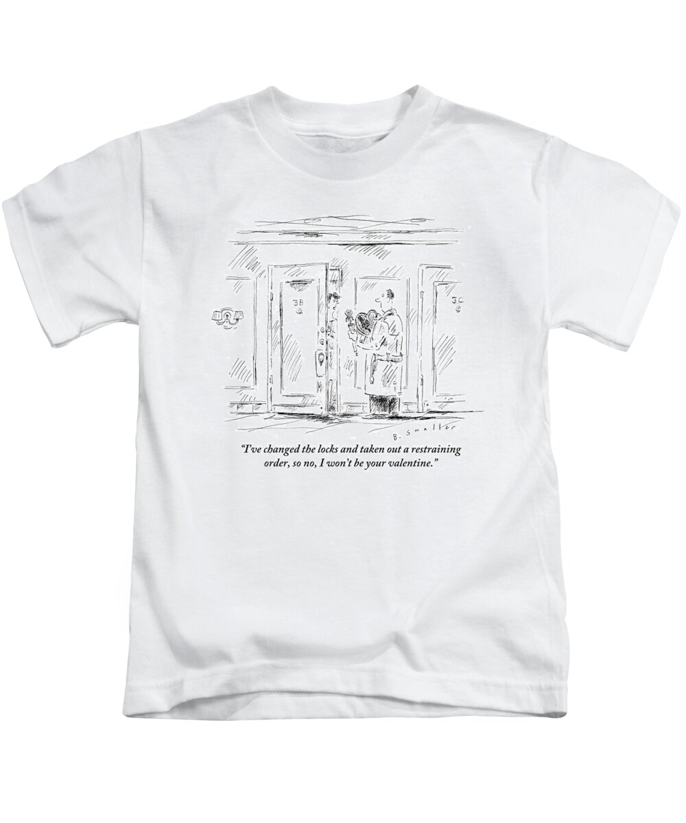 Valentines Kids T-Shirt featuring the drawing Man Stands Outside Woman's Apartment by Barbara Smaller