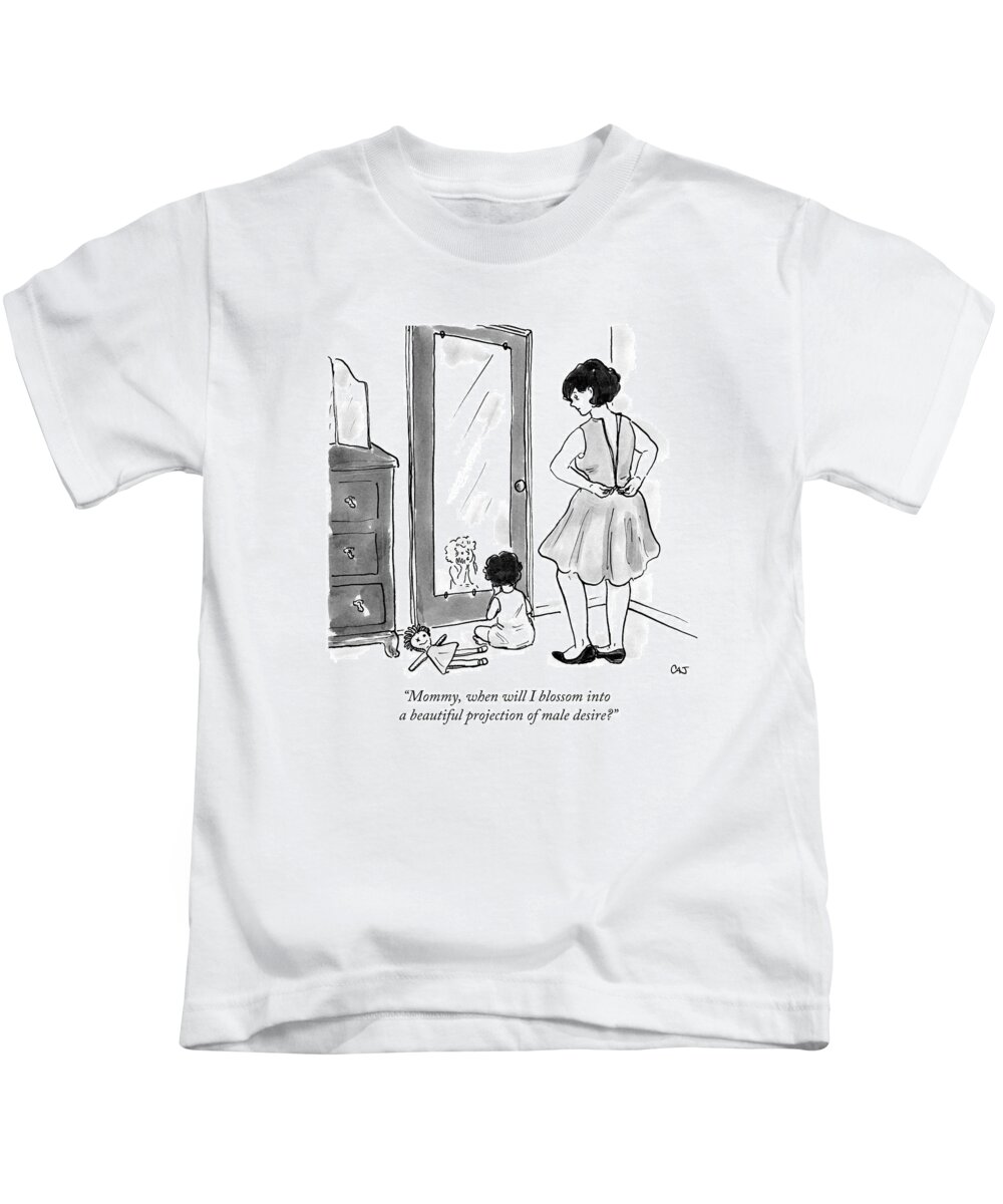 Mirror Kids T-Shirt featuring the drawing Mommy, When Will I Blossom Into A Beautiful by Carolita Johnson