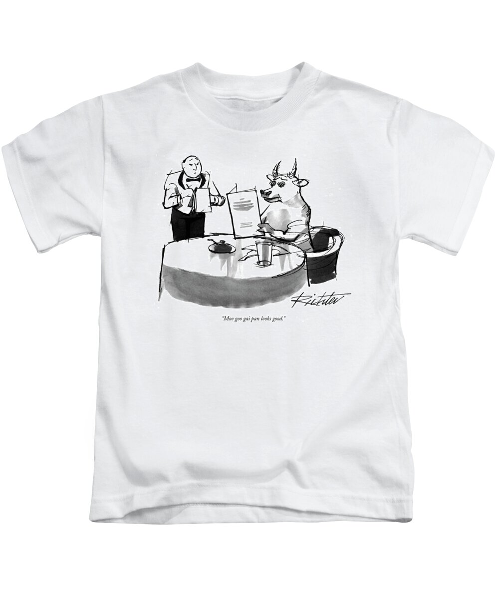Play On Words Kids T-Shirt featuring the drawing Moo Goo Gai Pan Looks Good by Mischa Richter