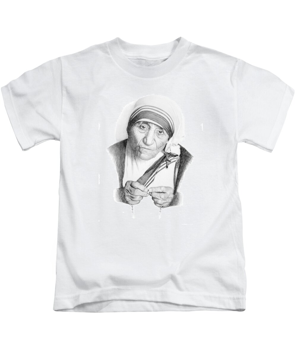Portrait Kids T-Shirt featuring the drawing Mother Theresa by Conrad Mieschke