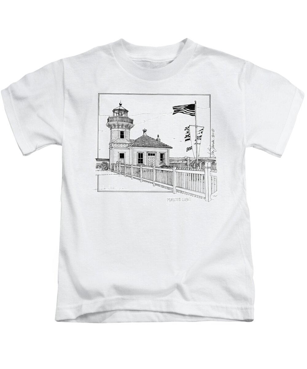  Pacific Coast Lighthouses Kids T-Shirt featuring the drawing Mukilteo Light by Ira Shander