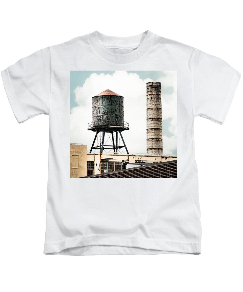 Water Towers Kids T-Shirt featuring the photograph Water Tower and SmokeStack in Brooklyn New York - New York Water Tower 12 by Gary Heller