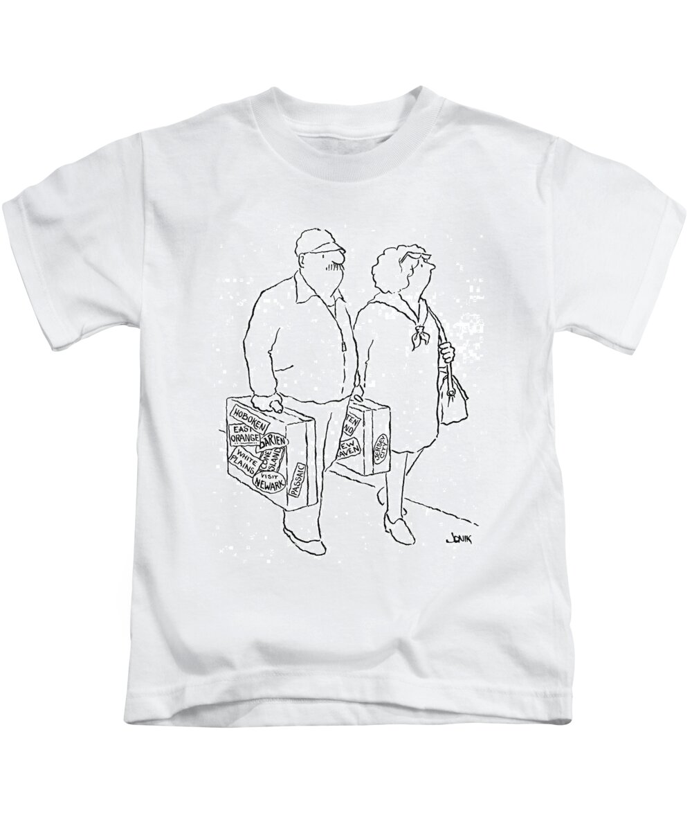 77060 Jjo John Jonik (man And Woman Carry Suitcases With Stickers On Them From Jersey City Kids T-Shirt featuring the drawing New Yorker April 12th, 1976 by John Jonik