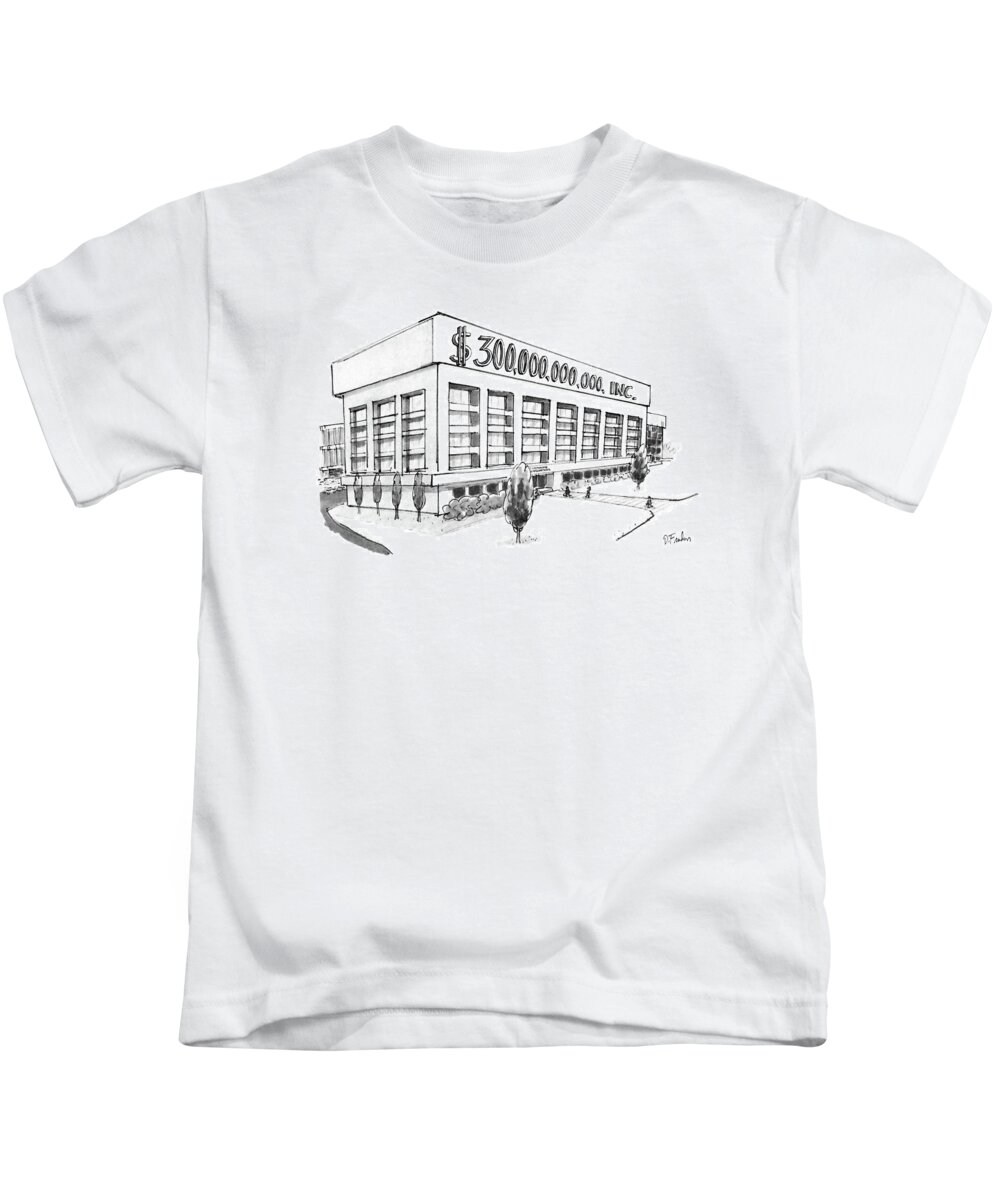 No Caption
Picture Of An Office Which Has Written On The Top Of The Building Kids T-Shirt featuring the drawing New Yorker April 28th, 1986 by Dana Fradon