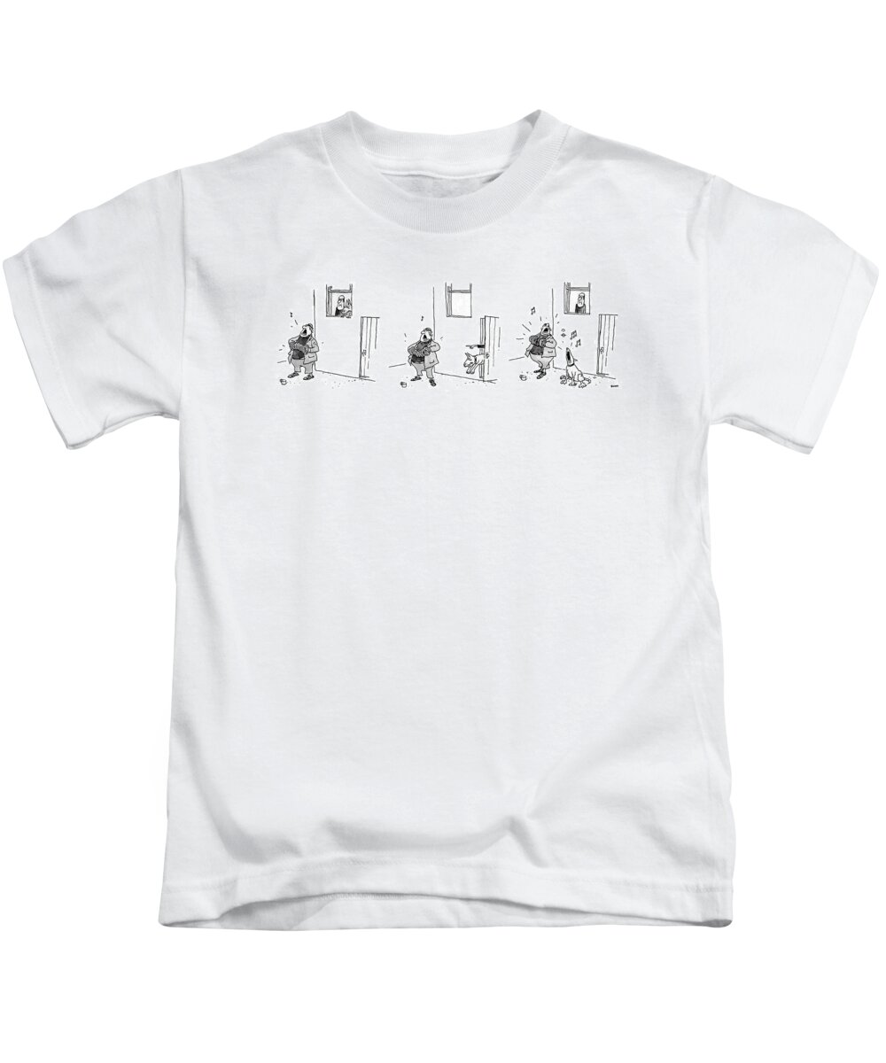 (3 Drawings. A Man Plays A Accordion Beneath A Window. The Man In Window Looks Annoyed And Puts Dog Out To Scare Him Away. The Dog Ends Up Howling Along With The Musician Instead.) Urban Kids T-Shirt featuring the drawing New Yorker August 31st, 1987 by George Booth