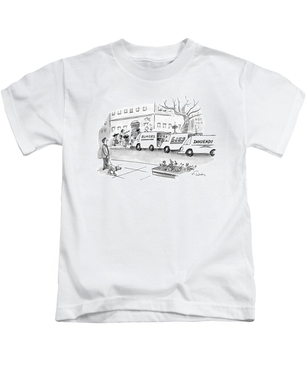 (man Walking Dog Observes Three Media Trucks Kids T-Shirt featuring the drawing New Yorker December 7th, 1998 by Mike Twohy