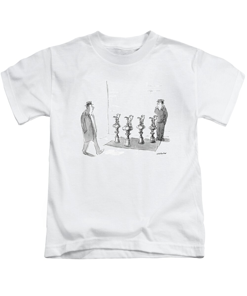 No Caption
Peddler On Street Sells Copies Of America's Cup. 
No Caption
Peddler On Street Sells Copies Of America's Cup. 
Trophy Kids T-Shirt featuring the drawing New Yorker February 16th, 1987 by James Stevenson