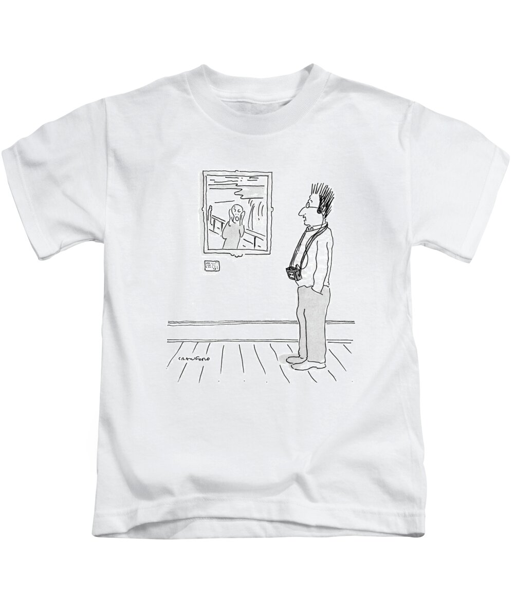 No Caption
Man In Museum With Tape Recorder Around His Neck Looks At Famous E. Munch Painting And His Own Hair Stands Up On End. 
No Caption
Man In Museum With Tape Recorder Around His Neck Looks At Famous E. Munch Painting And His Own Hair Stands Up On End. 
Paintings Kids T-Shirt featuring the drawing New Yorker July 11th, 1988 by Michael Crawford