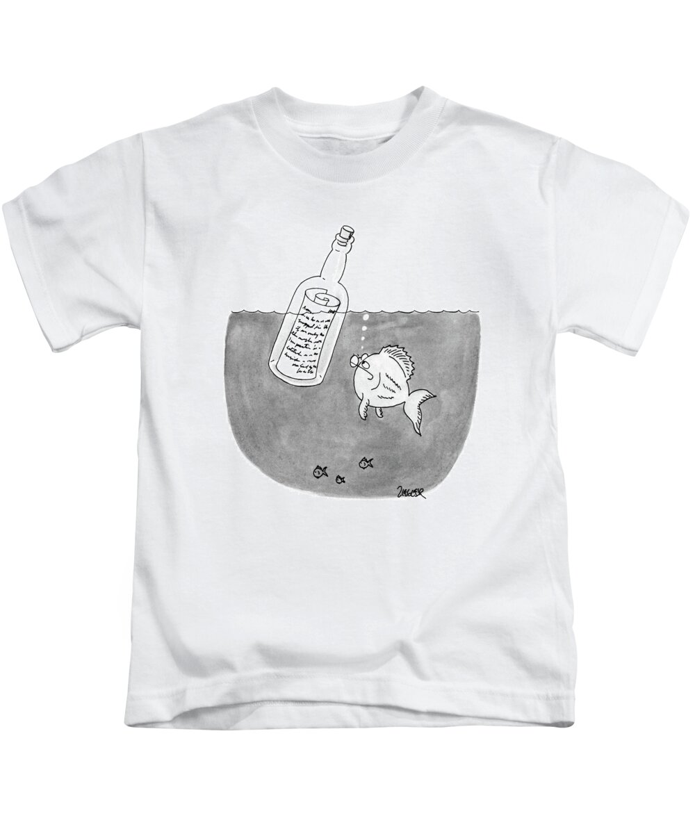 No Caption
A Fish Wearing Glasses Reads A Message In A Bottle As The Bottle Floats Above It. 
No Caption
A Fish Wearing Glasses Reads A Message In A Bottle As The Bottle Floats Above It. 
Fish Kids T-Shirt featuring the drawing New Yorker June 16th, 1986 by Jack Ziegler