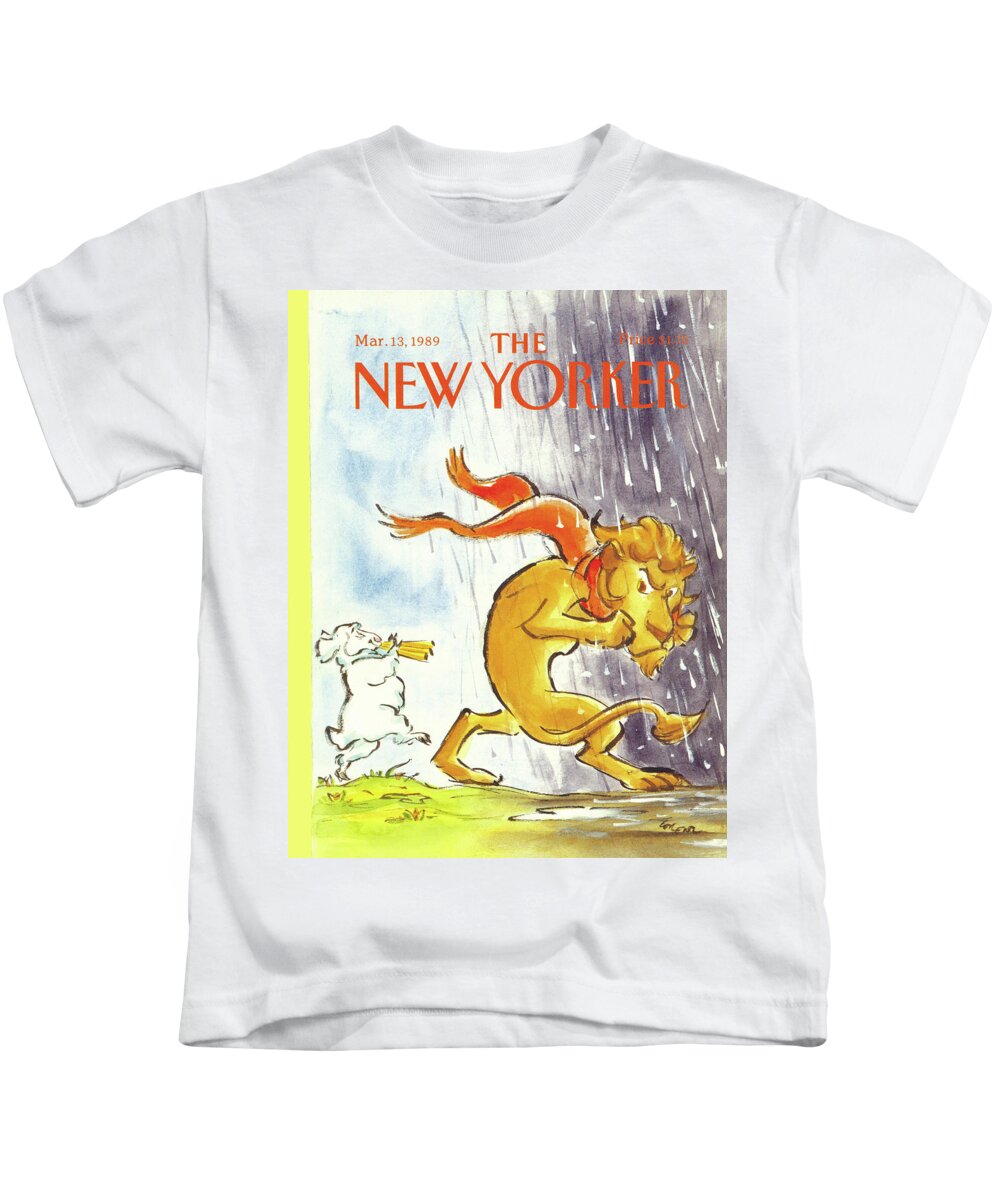 (a Flute Playing Lamb Marches An Angry Lion Out Of The Sun And Into The Rain. Refers To The Saying About The Month Of March.) Animals Kids T-Shirt featuring the painting New Yorker March 13th, 1989 by Lee Lorenz