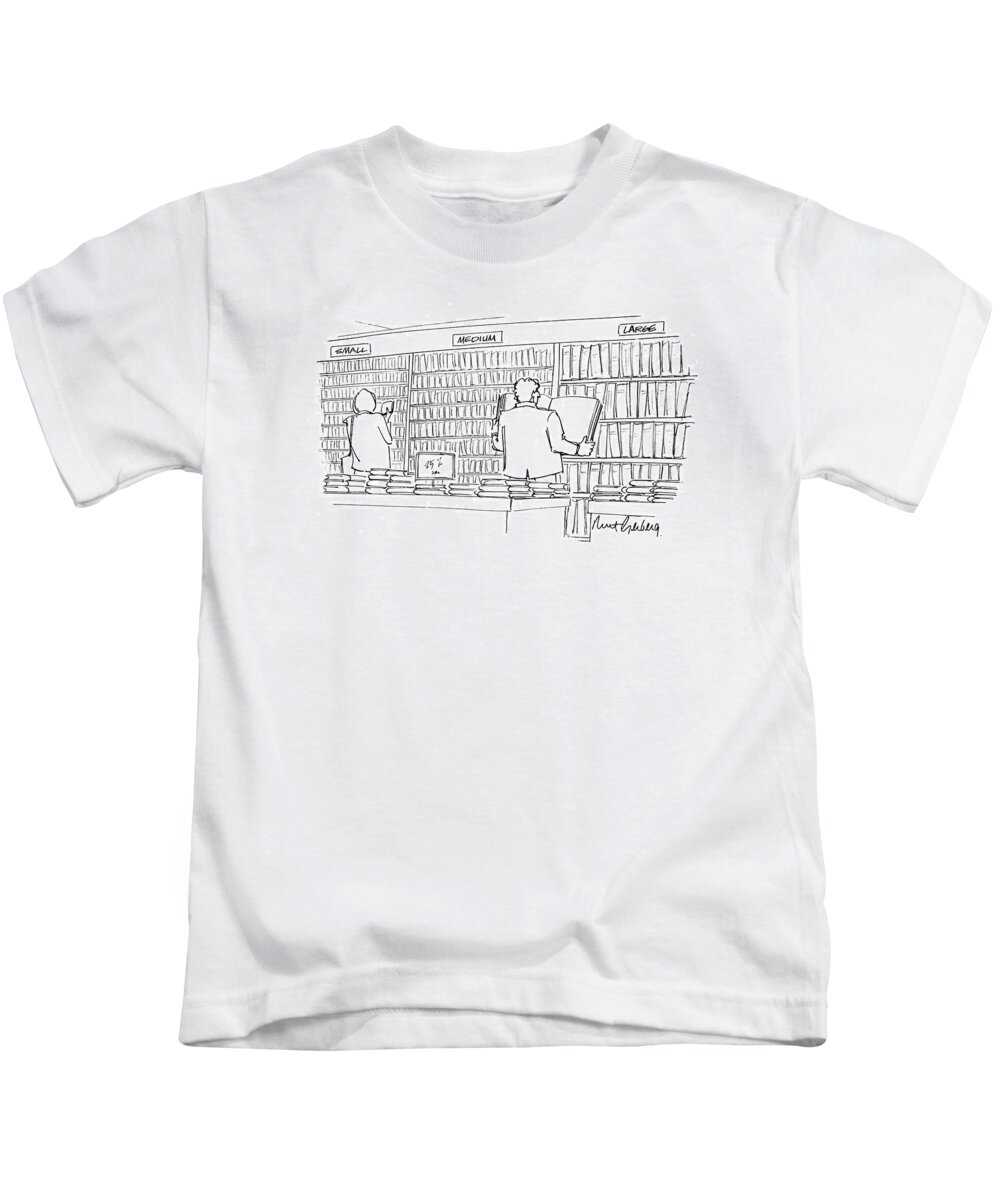 (people In A Bookstore Where The Shelves Are Marked Kids T-Shirt featuring the drawing New Yorker May 10th, 1993 by Mort Gerberg
