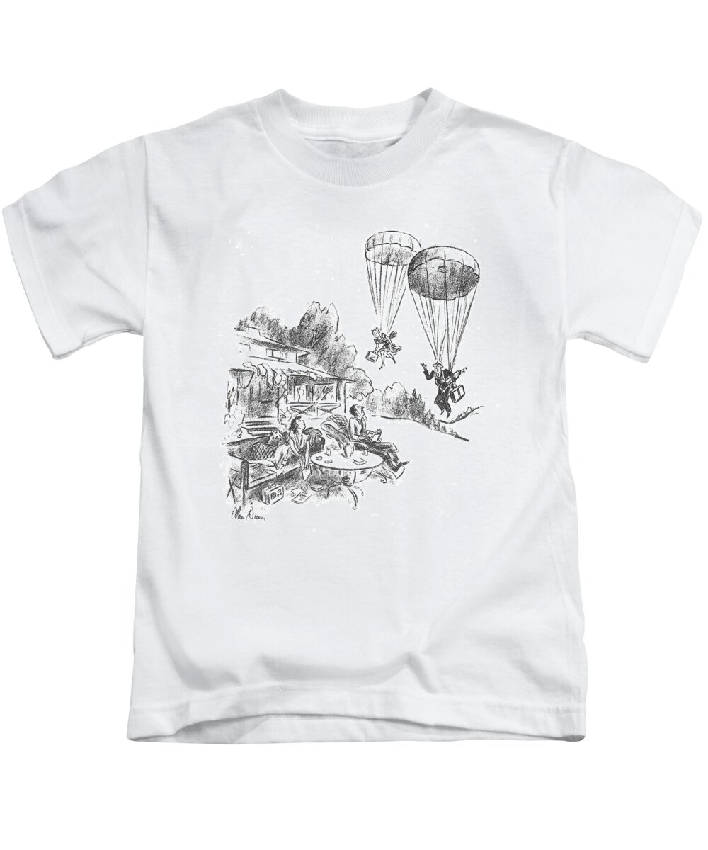 110395 Adu Alan Dunn Weekend Guests Arriving By Parachute. Arriving Bail Dropping ?ies ?ight ?y ?ying Guest Guests Parachute Parachuting Plane Planes Unexpected Visit Visitor Visitors Weekend Kids T-Shirt featuring the drawing New Yorker May 25th, 1940 by Alan Dunn