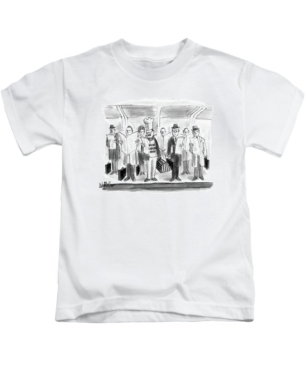 No Caption
A Man In A Chef's Hat And An Apron That Says Stands On A Train Platform With Other Commuters Kids T-Shirt featuring the drawing New Yorker October 24th, 1988 by Warren Miller