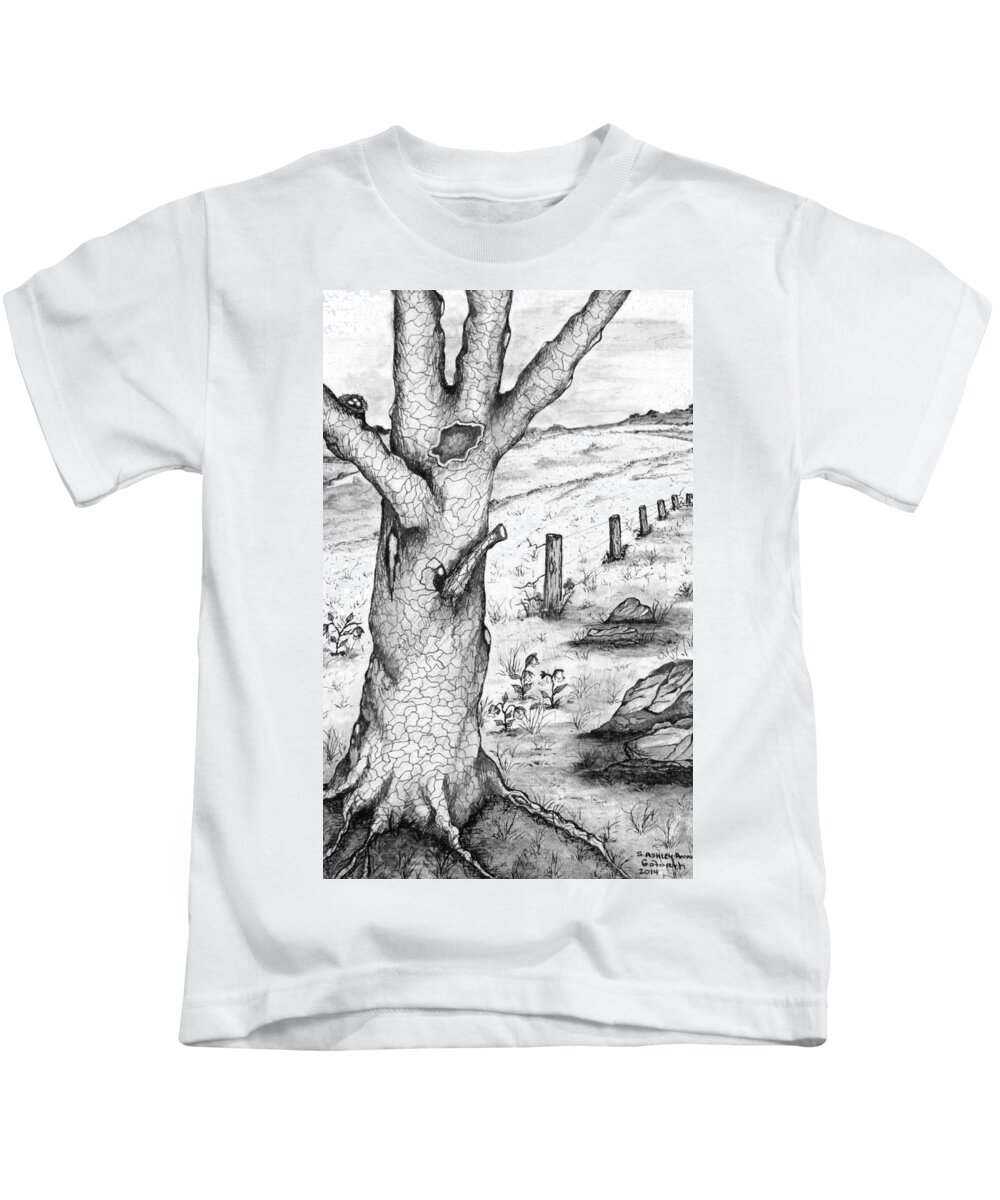 Oak Kids T-Shirt featuring the drawing Old Oak Tree with Birds' Nest Black and White by Ashley Goforth