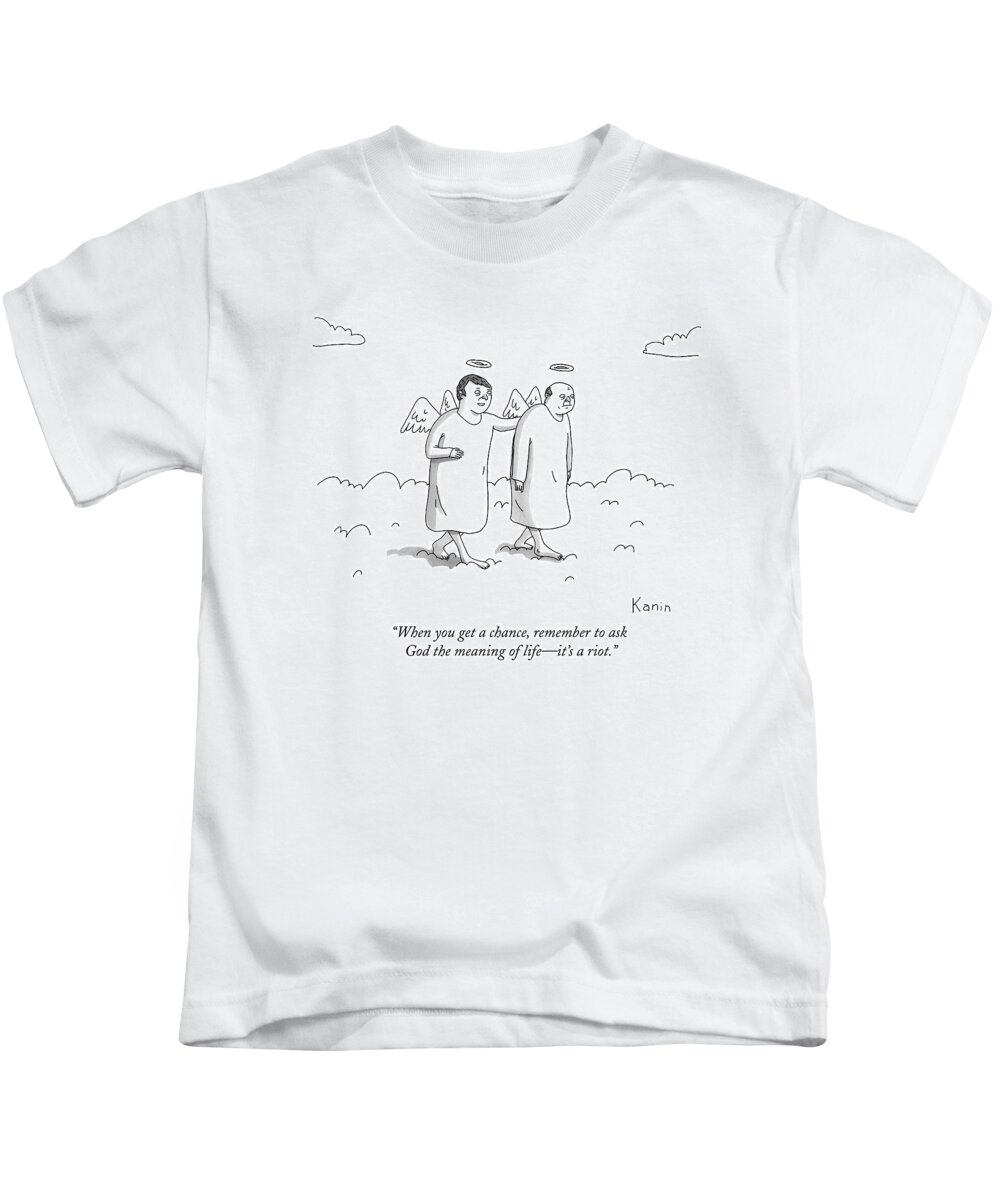 Meaning Of Life Kids T-Shirt featuring the drawing One Angel Speaks To Another In Heaven by Zachary Kanin