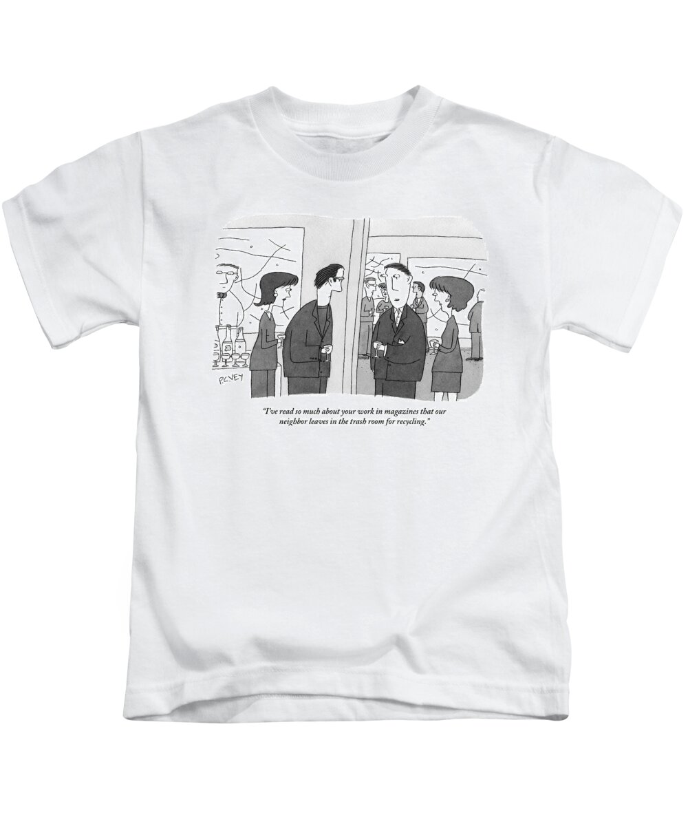 Magazines Kids T-Shirt featuring the drawing One Man Addresses Another At A Party by Peter C. Vey
