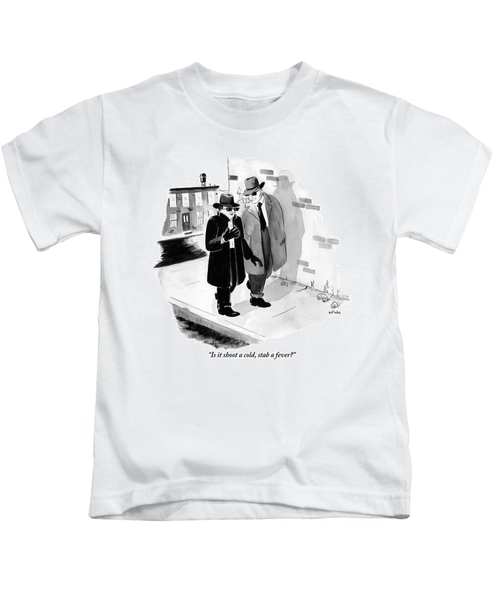 Colds Kids T-Shirt featuring the drawing One Shady-looking Man Wearing A Black Overcoat by Emily Flake