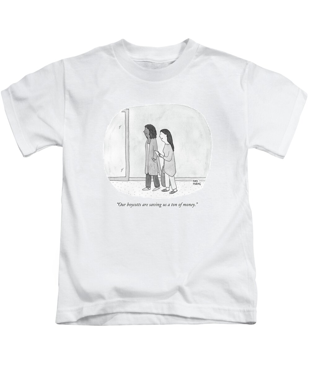 Boycott Kids T-Shirt featuring the drawing Our Boycotts Are Saving Us A Ton Of Money by Amy Hwang