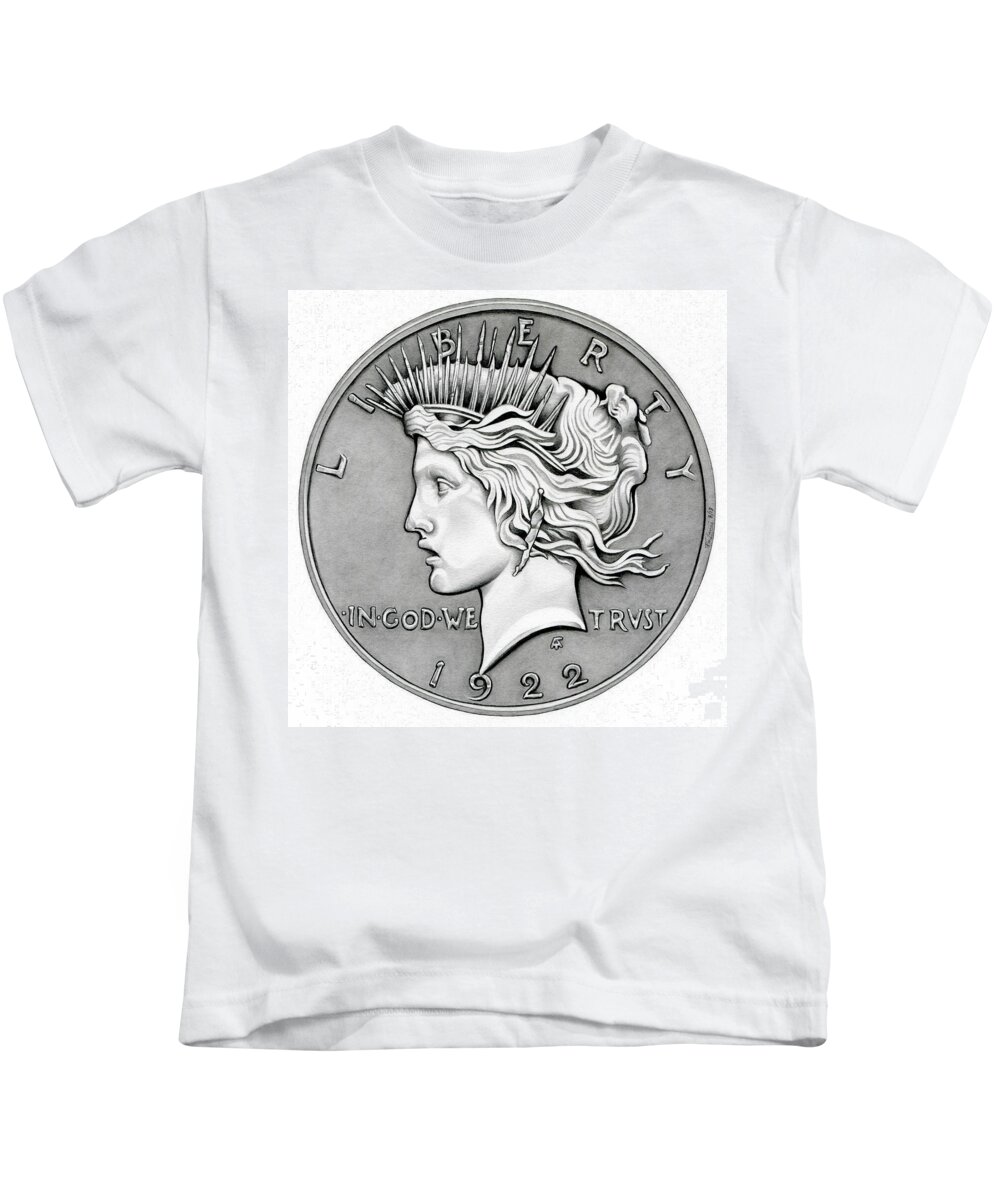 Coin Kids T-Shirt featuring the drawing Graphite Peace Dollar by Fred Larucci