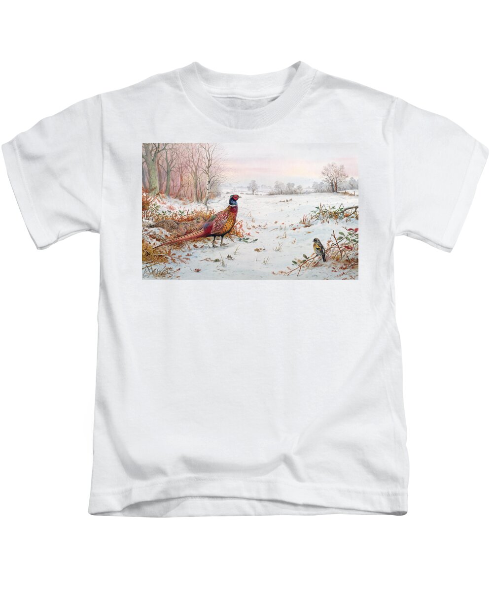 Pheasant Kids T-Shirt featuring the painting Pheasant And Bramblefinch In The Snow by Carl Donner