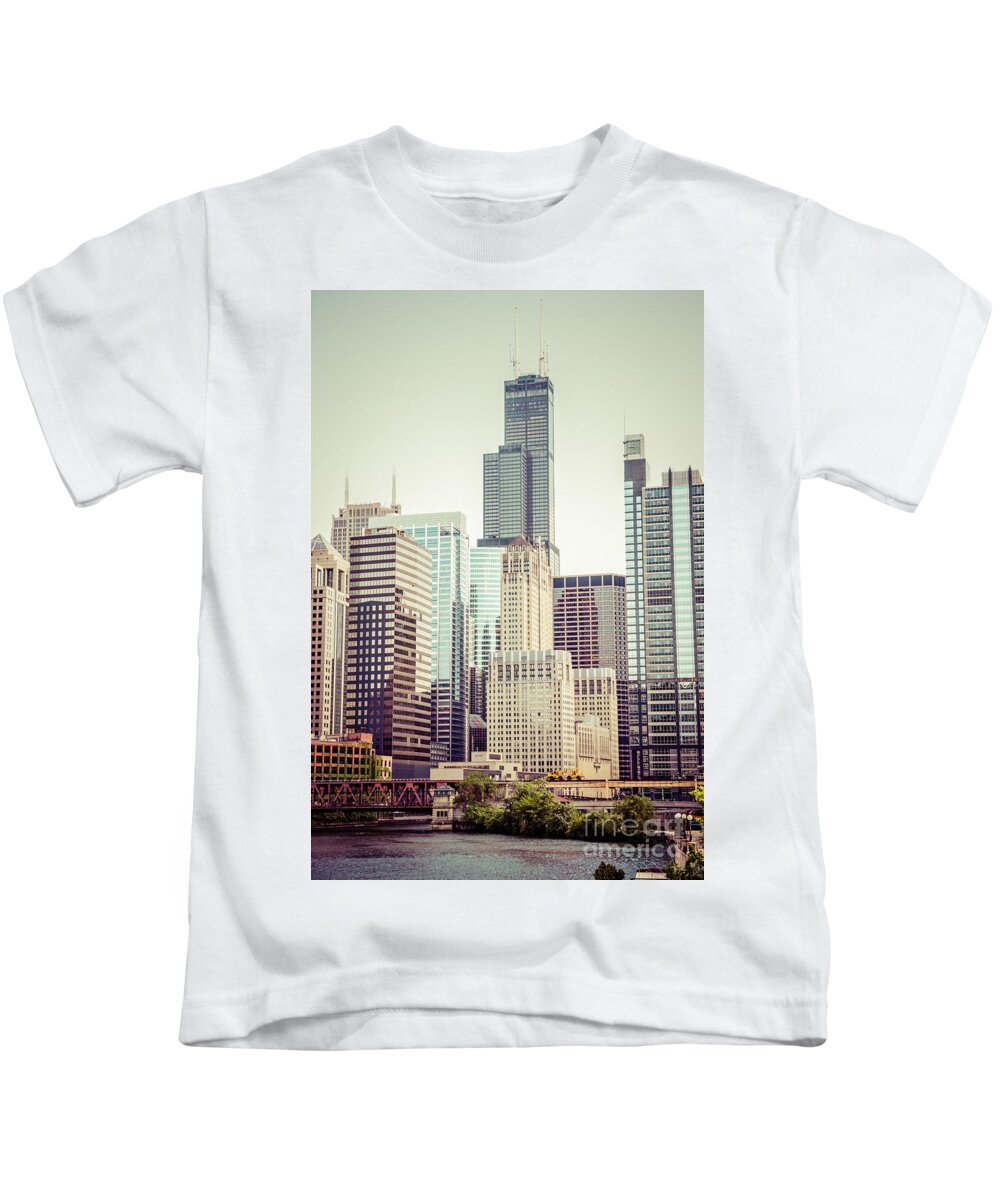 America Kids T-Shirt featuring the photograph Picture of Vintage Chicago with Sears Willis Tower by Paul Velgos