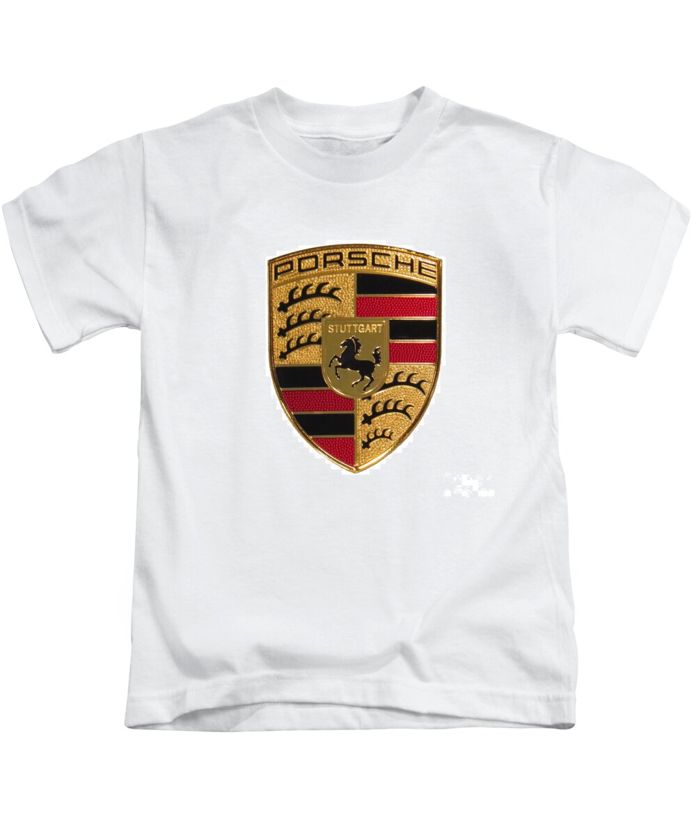 Porsche Kids T-Shirt featuring the photograph Porsche - Emblem White by Scott Cameron