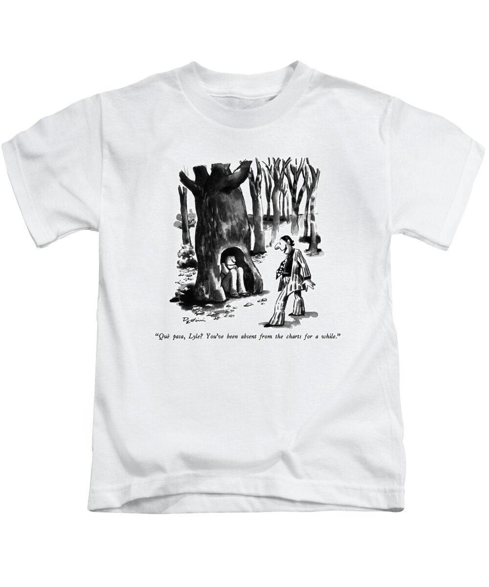 

 Loudly-dressed Agent To Musician He Has Come Across Hiding In The Trunk Of A Large Tree. 
Hiding Kids T-Shirt featuring the drawing Que Pasa, Lyle? You've Been Absent by Eldon Dedini