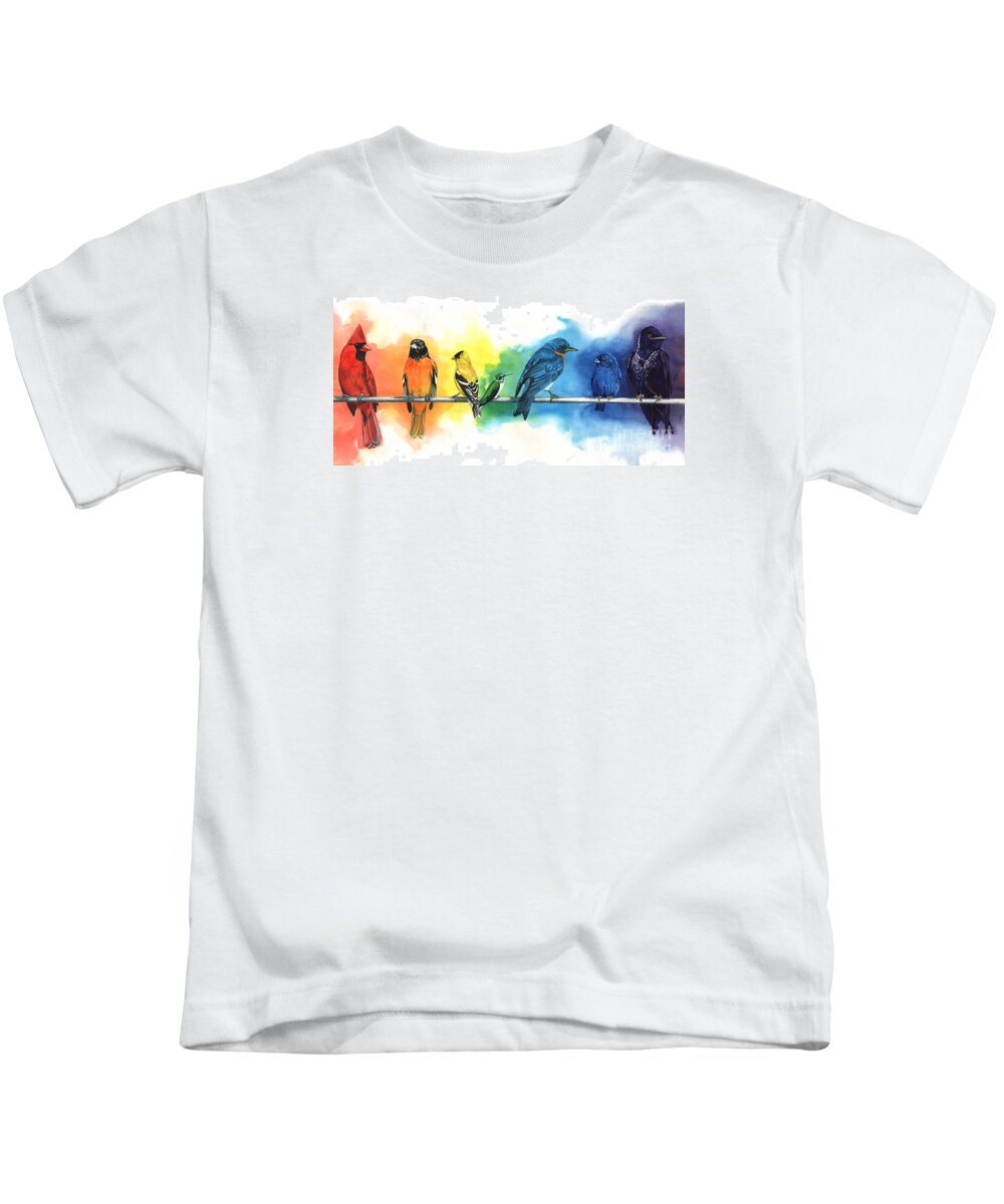 Rainbow Kids T-Shirt featuring the painting Rainbow Birds by Antony Galbraith