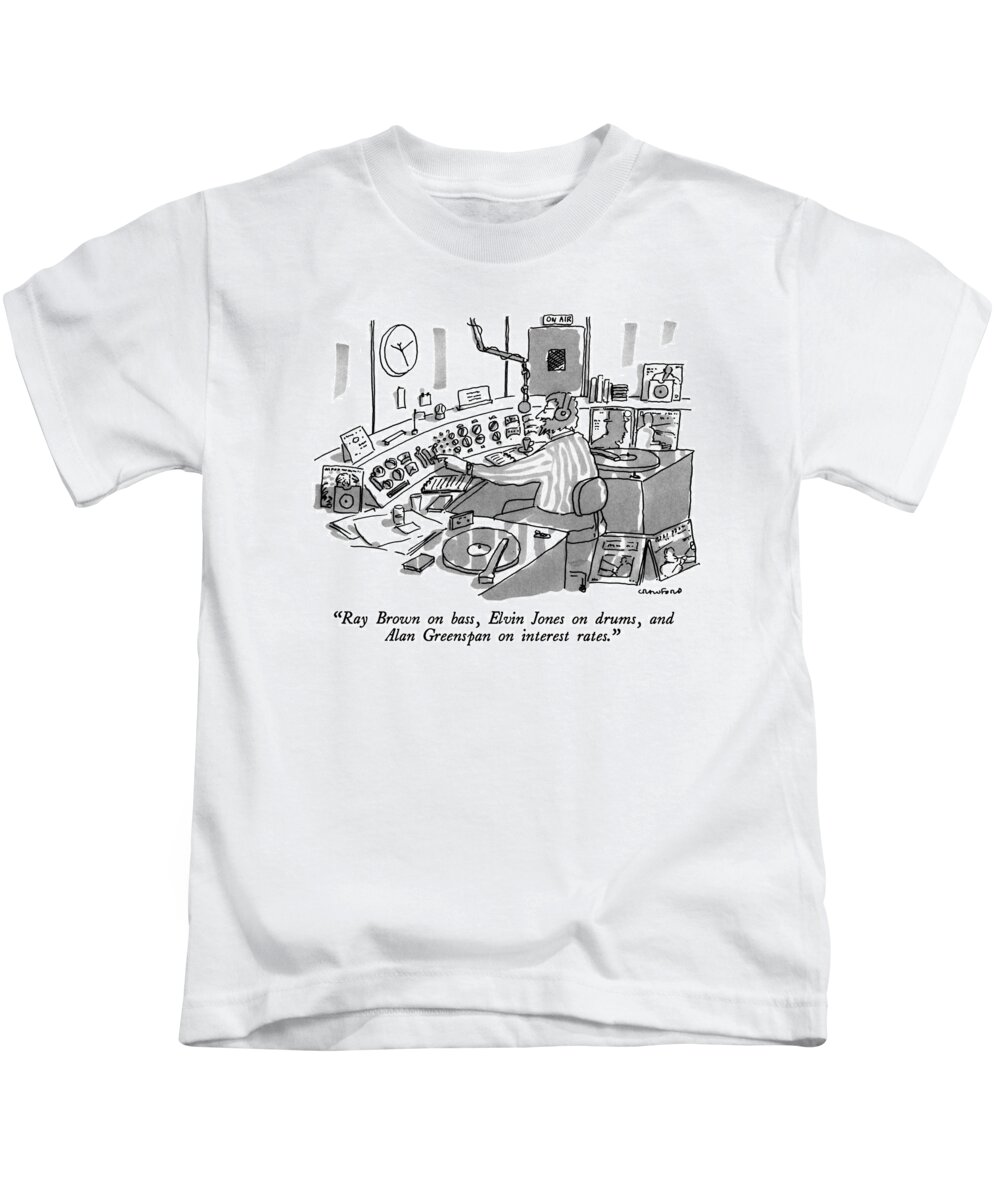 

 Disc Jockey To Audience About Record. Radio Kids T-Shirt featuring the drawing Ray Brown On Bass by Michael Crawford