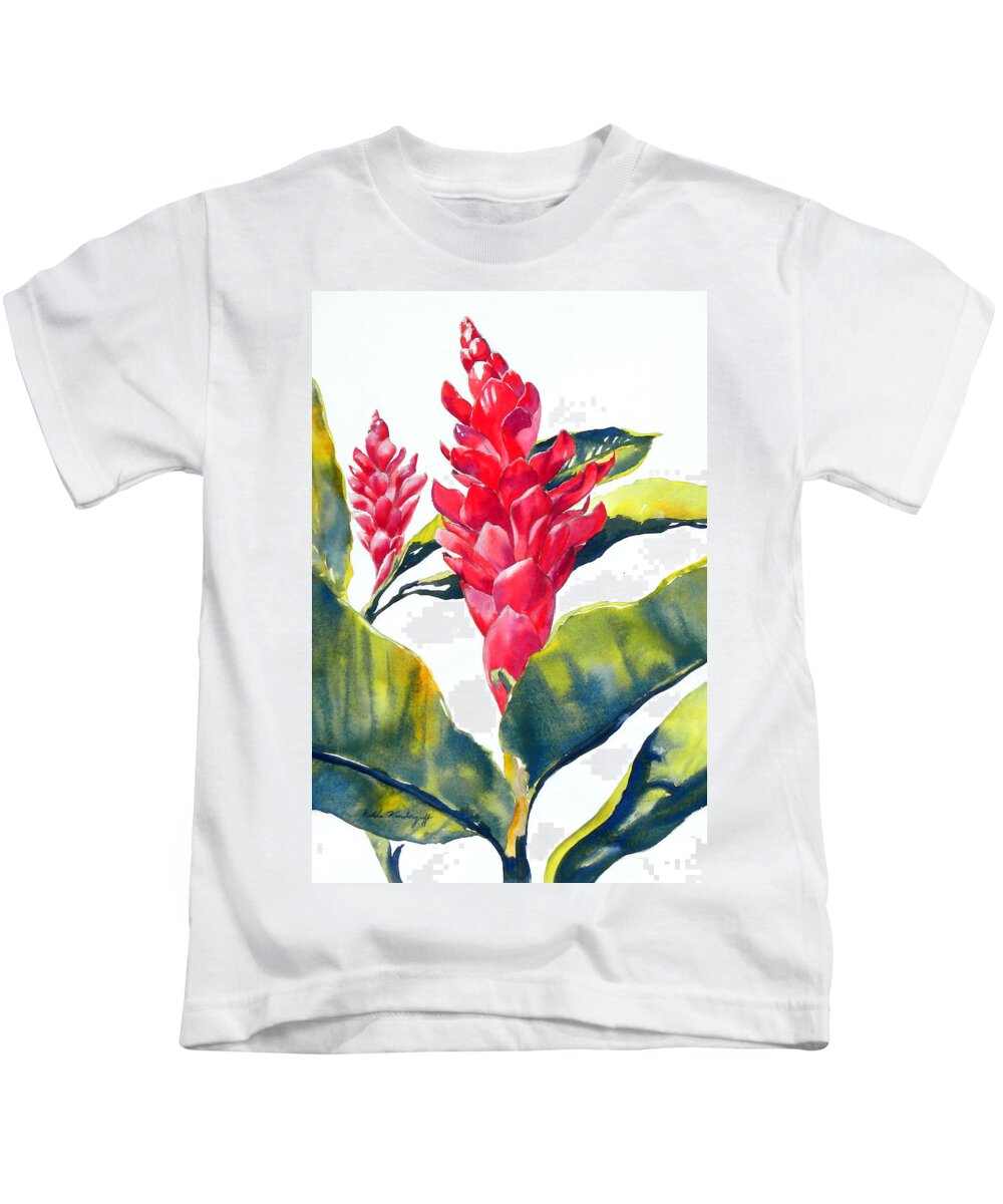Red Ginger Flower Kids T-Shirt featuring the painting Red Ginger by Hilda Vandergriff
