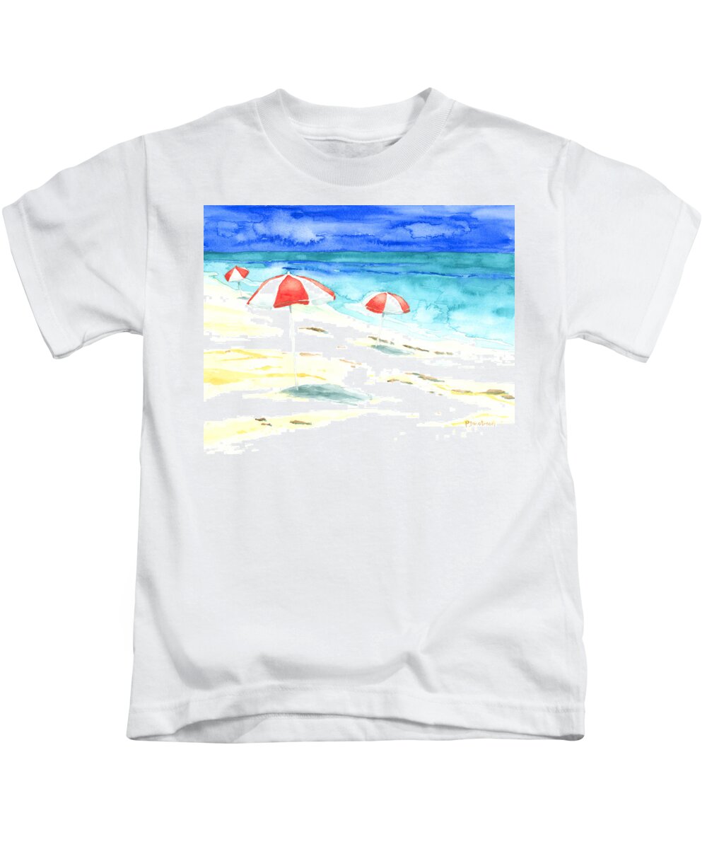Beach Umbrellas Kids T-Shirt featuring the painting Red Stripes by Pauline Walsh Jacobson