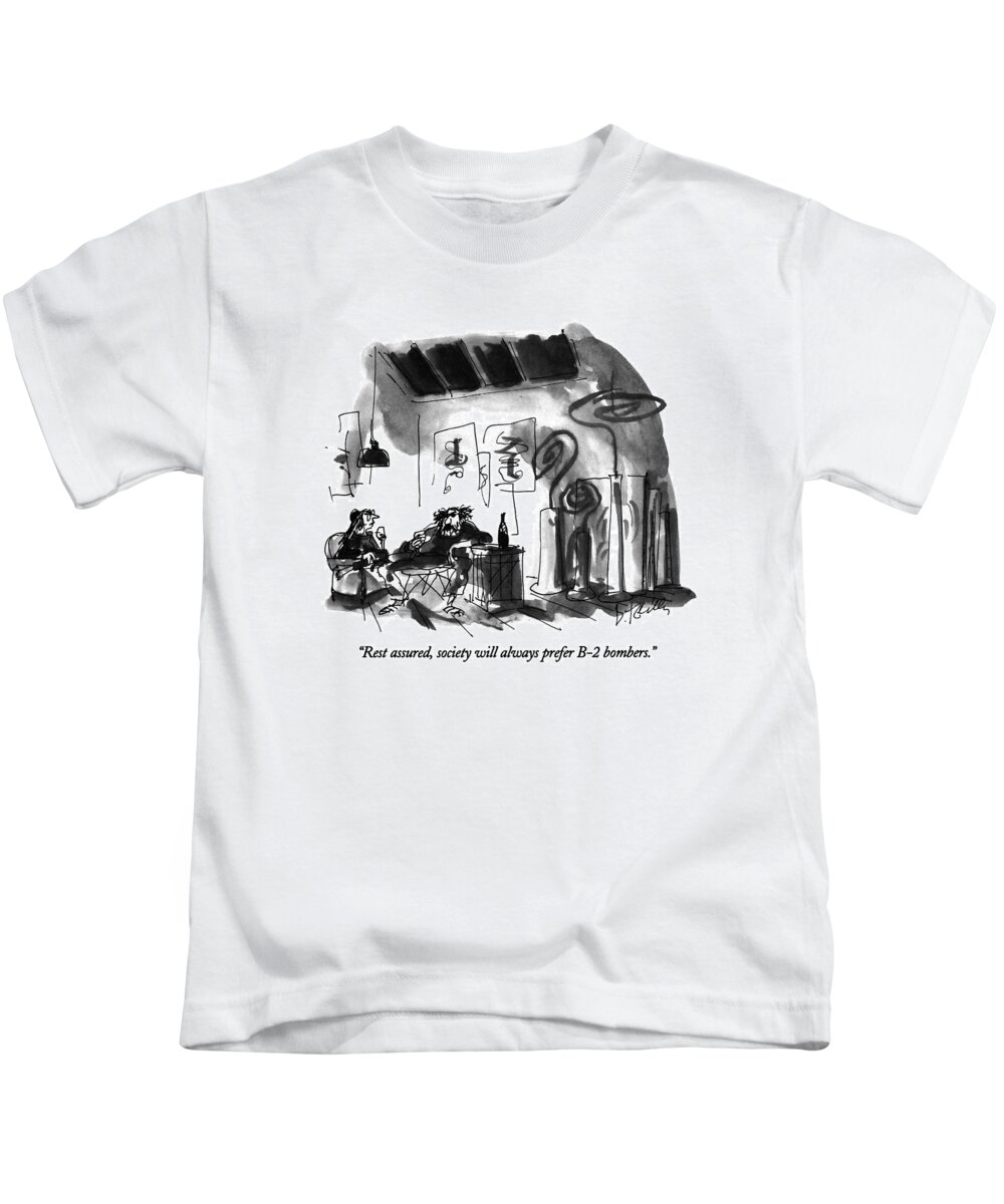 

 Artist Says To Woman In His Studio As They Drink Wine. 
Artists Kids T-Shirt featuring the drawing Rest Assured by Donald Reilly
