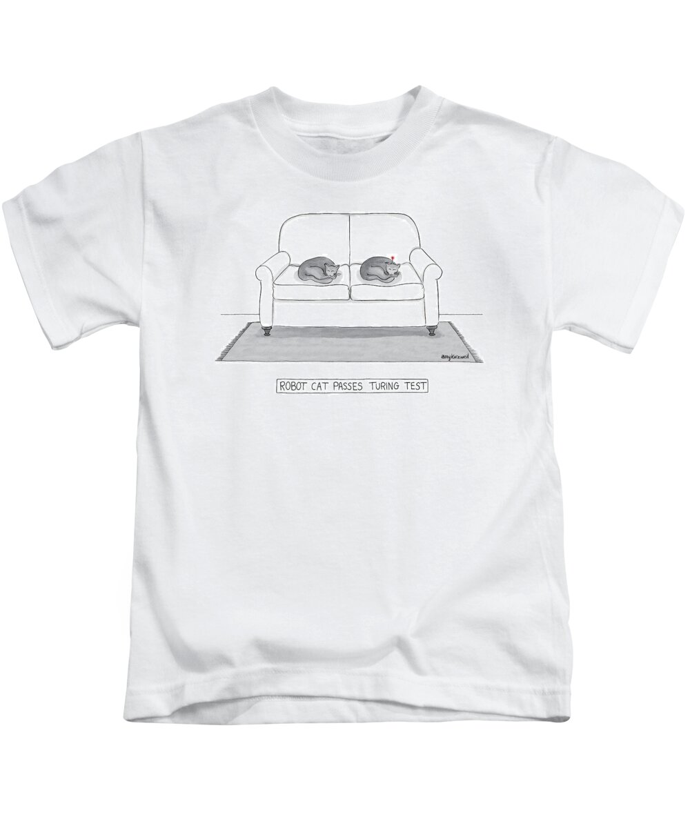 Cat Kids T-Shirt featuring the drawing Robot Cat Passes Turing Test by Amy Kurzweil