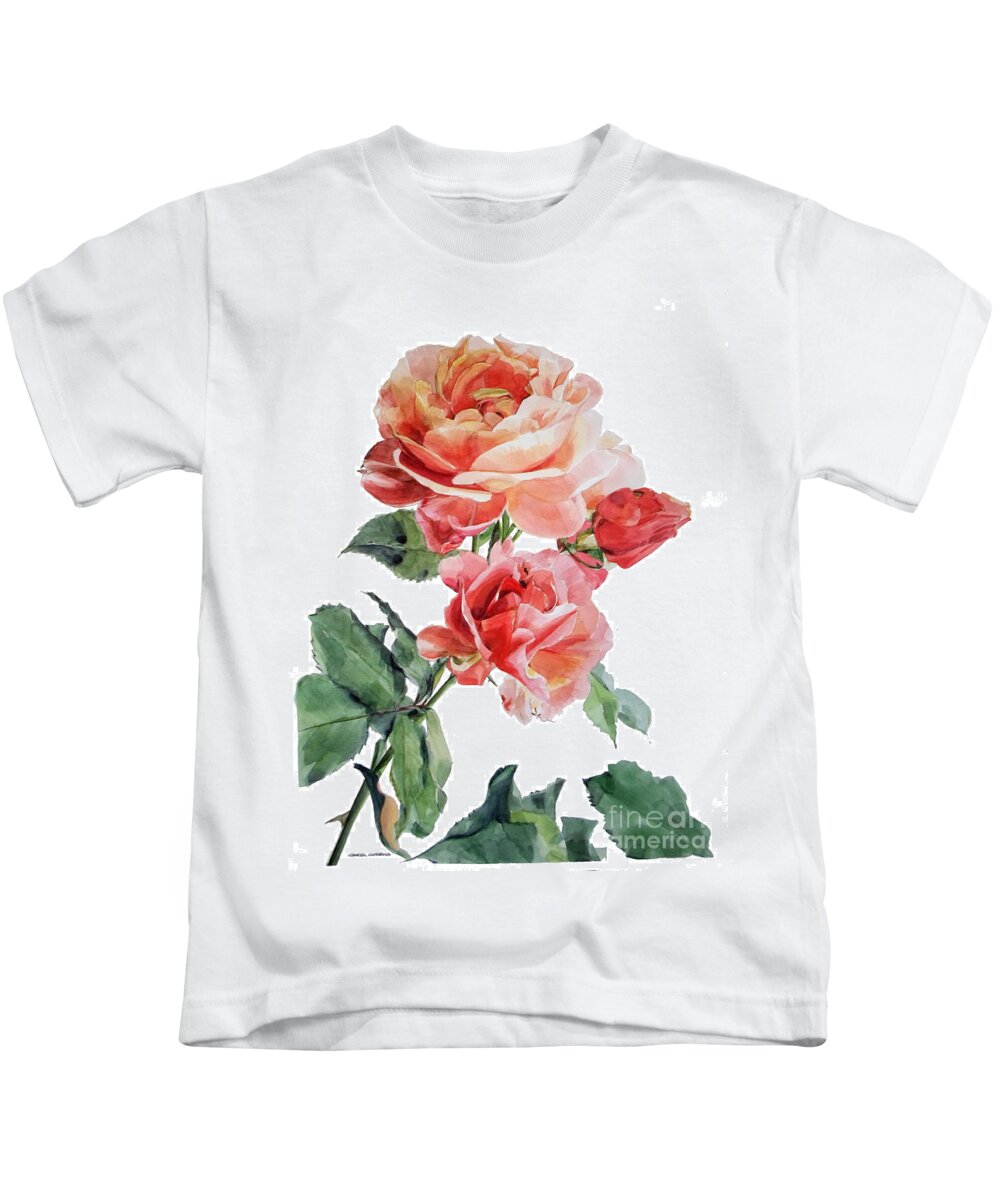Watercolor Kids T-Shirt featuring the painting Watercolor of Red Roses on a stem I call Rose Maurice Corens by Greta Corens