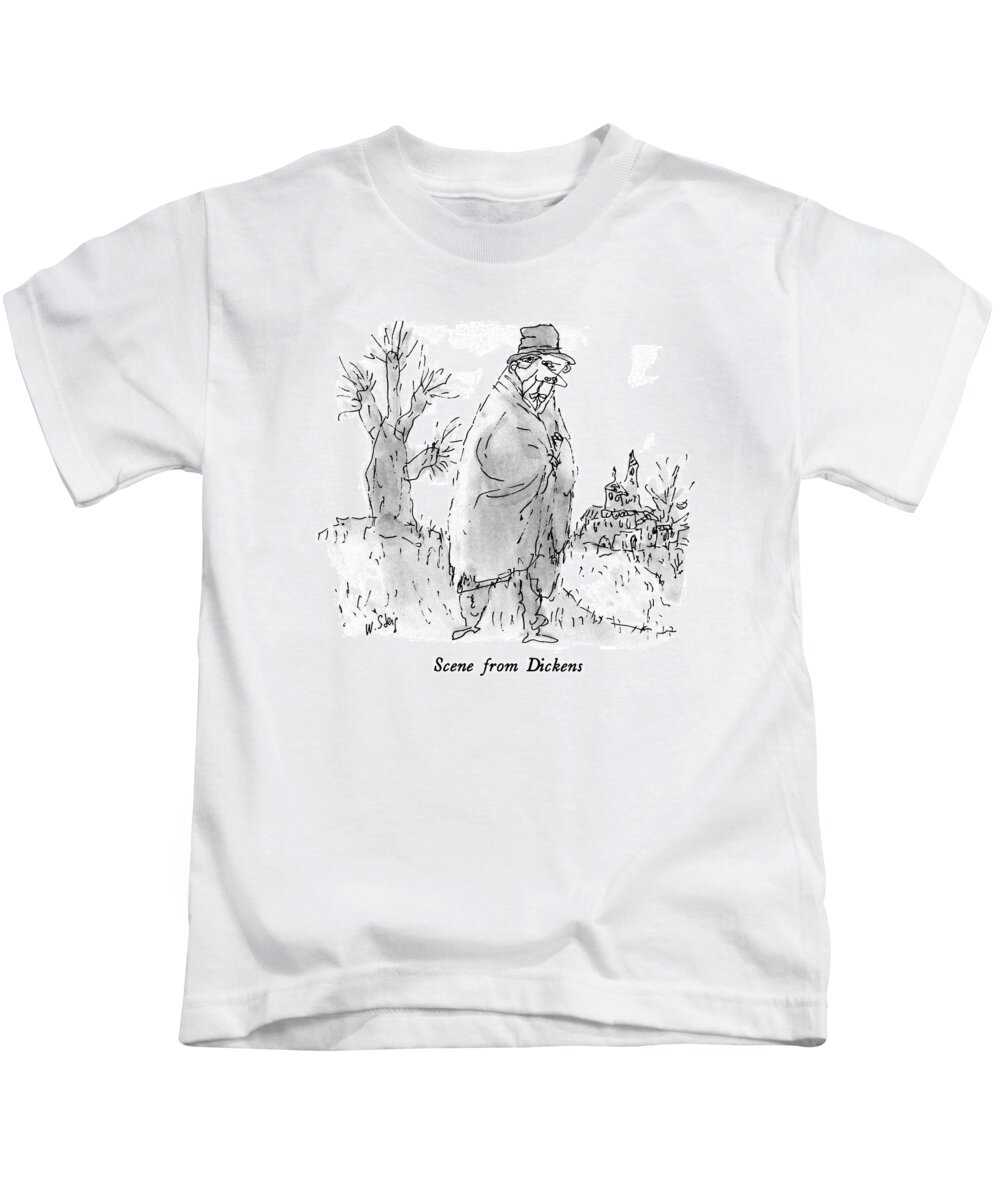 Scene From Dickens

Scene From Dickens. Title. A Cloaked Man Stands Between A Tree And A Distant Village. He Has An Odd Face Kids T-Shirt featuring the drawing Scene From Dickens by William Steig