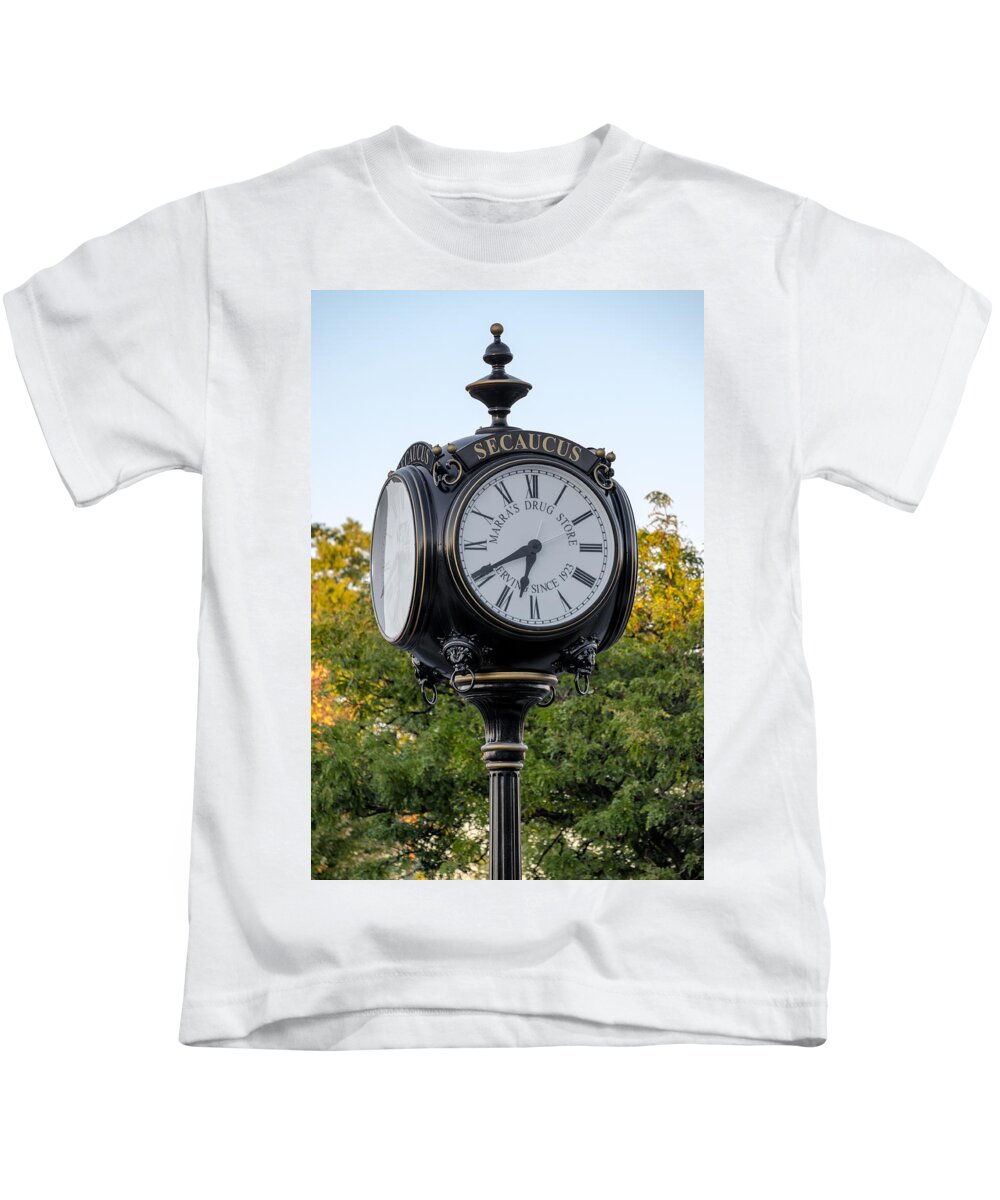 1923 Kids T-Shirt featuring the photograph Secaucus Clock Marras Drugs by Susan Candelario