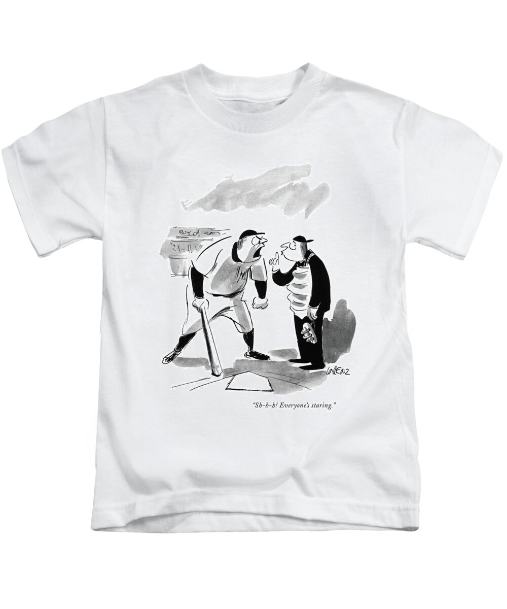 
(intimidated Little Umpire To Ball Player Who Is Yelling At Him.) Sports Baseball Problems Insecurity Anger Artkey 52758 Kids T-Shirt featuring the drawing Sh-h-h! Everyone's Staring by Lee Lorenz