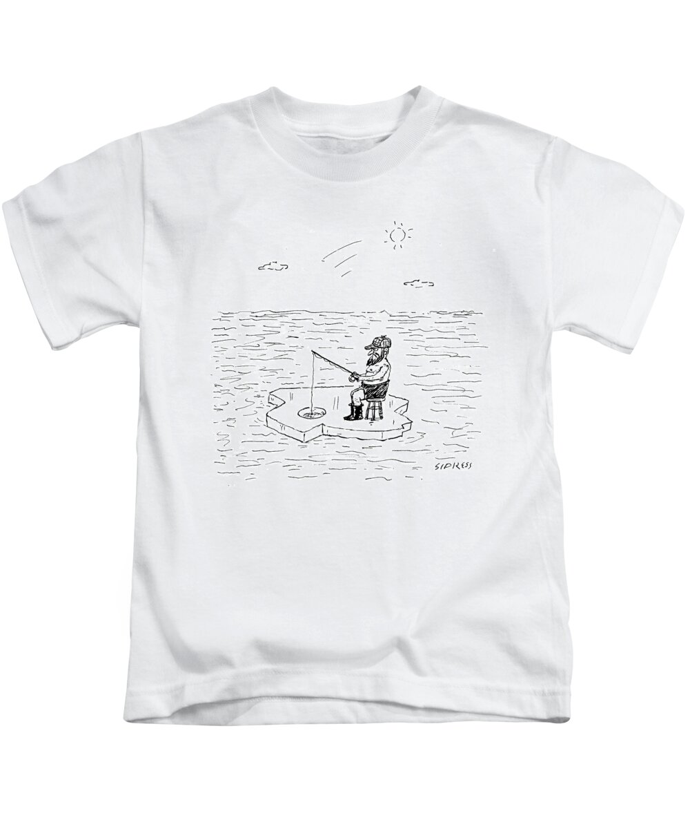 Shirtless Man Ice Fishing Kids T-Shirt by David Sipress - Conde Nast