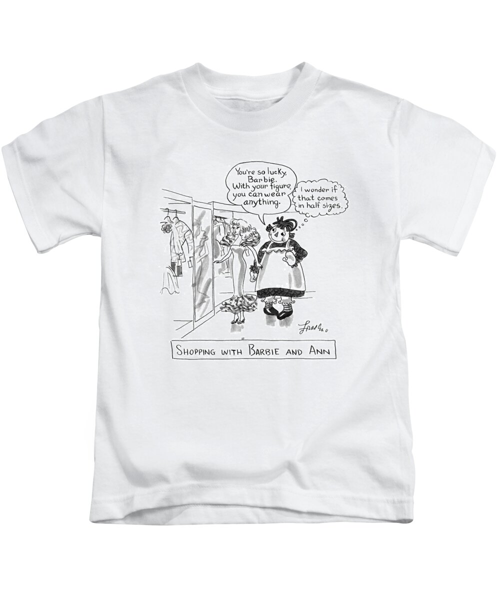 Fashion Kids T-Shirt featuring the drawing Shopping With Barbie And Ann by Edward Frascino