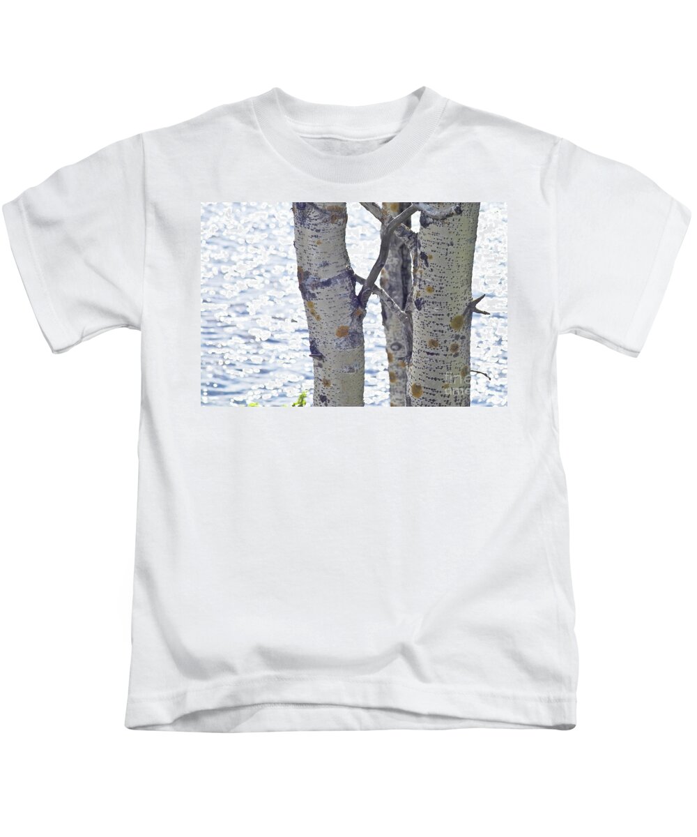 Tree Kids T-Shirt featuring the photograph Silver birch trees at a sunny lake by Heiko Koehrer-Wagner