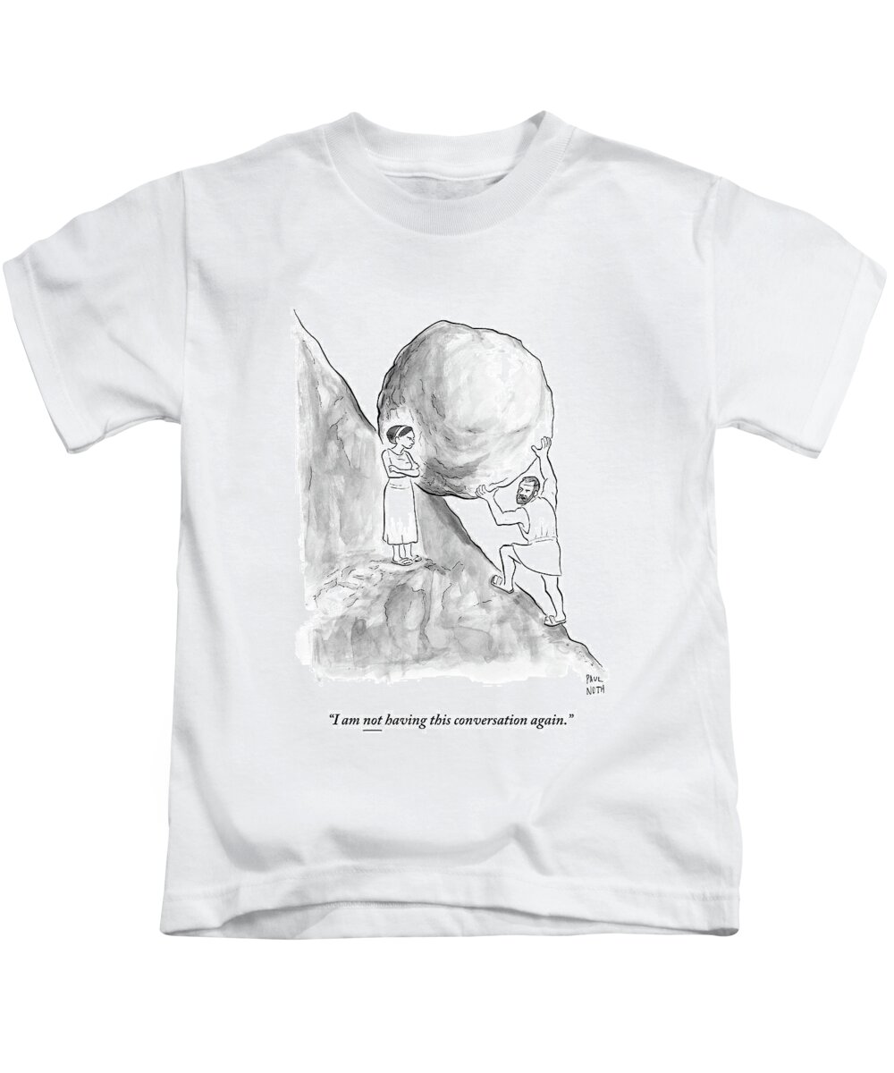 Sisyphus Kids T-Shirt featuring the drawing Sisyphus Pushing A Boulder Up A Hill by Paul Noth