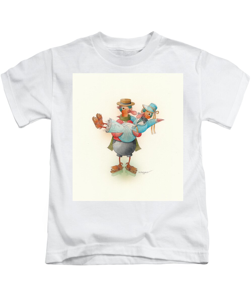 Christmas Winter Greeting Cards Ice Snow Dance Duck Holiday Kids T-Shirt featuring the painting Skating Ducks 13 by Kestutis Kasparavicius