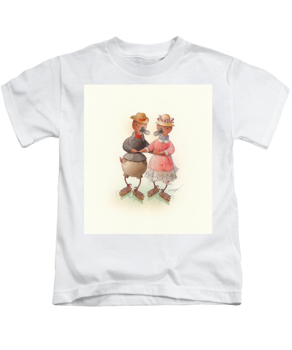 Christmas Winter Greeting Cards Ice Snow Dance Duck Holiday Kids T-Shirt featuring the painting Skating Ducks 6 by Kestutis Kasparavicius