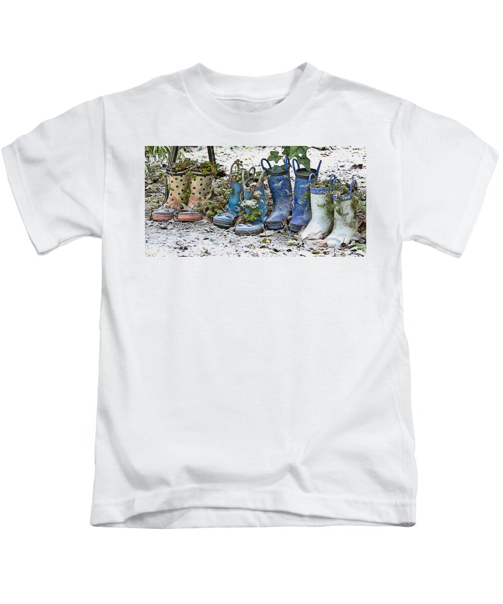 Yard Art Kids T-Shirt featuring the photograph Snowy Cold Rubber Boots by Ron Roberts