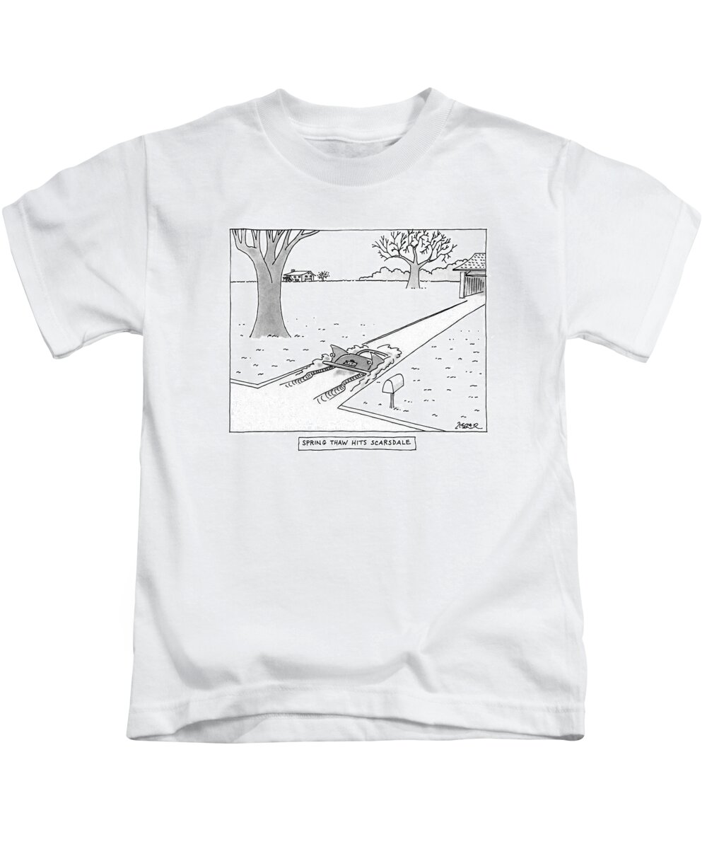 Spring Thaw Hits Scarsdale
(car Sinks Into Mud Of Driveway Up To Its Tailfins.) 
Autos Kids T-Shirt featuring the drawing Spring Thaw Hits Scarsdale by Jack Ziegler