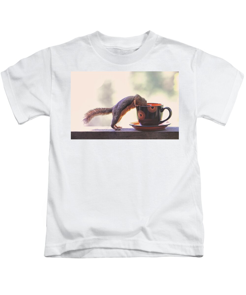 Squirrels Kids T-Shirt featuring the photograph Squirrel and Coffee by Peggy Collins